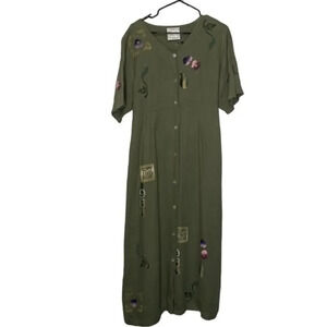 Vintage Play Alegre‎ Hand Painted Green 100% Linen Dress Large (L)
